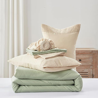 Anluoer Queen Size Bed in a Bag 7 Pieces, Sage Green Bed Set with Comforter, Pillow Shams, Pillowcases, Flat Sheet, Fitted Sheet