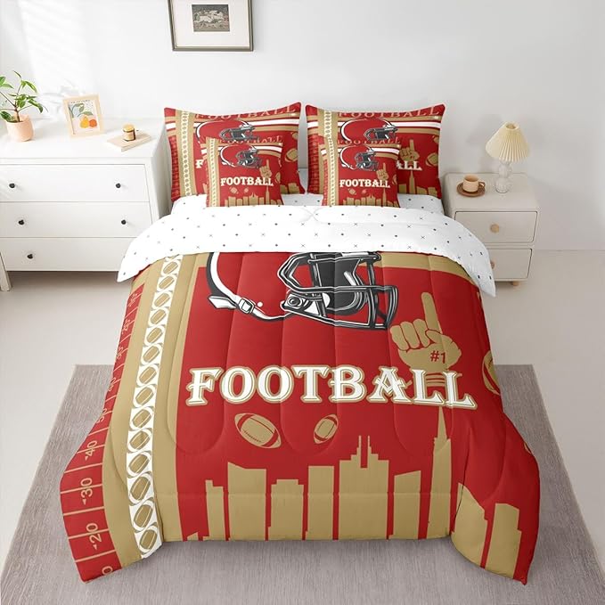 Feelyou Football 7 Pieces Comforter Sets Bedding Set for Boys Kids Teen Full Size Sports Theme Football City Bed in a Bag with Comforter, Sheets, Pillowcases & Cushion Cover