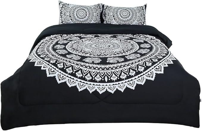 uxcell 3-Piece Bohemian Black Comforter Sets - 3D Printed Bohemia Themed - All-Season Down Quilted Duvet - Reversible Design - Includes 1 Comforter, 2 Pillow Cases Full