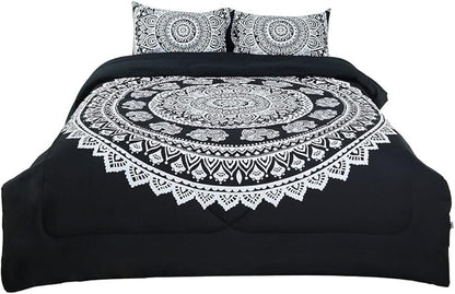 uxcell 3-Piece Bohemian Black Comforter Sets - 3D Printed Bohemia Themed - All-Season Down Quilted Duvet - Reversible Design - Includes 1 Comforter, 2 Pillow Cases Full