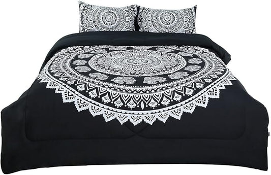uxcell 3-Piece Bohemian Black Comforter Sets - 3D Printed Bohemia Themed - All-Season Down Quilted Duvet - Reversible Design - Includes 1 Comforter, 2 Pillow Cases Full