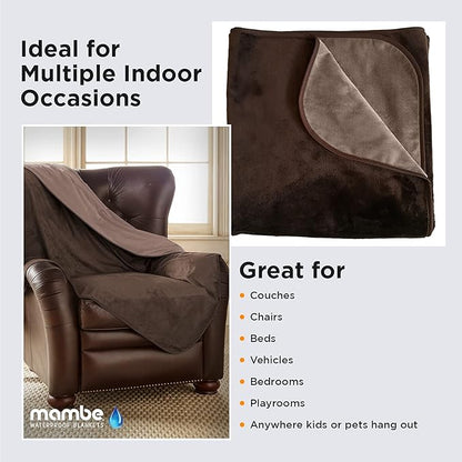 Mambe Silky Waterproof Throw for Protecting Furniture Bed Couch from Stains Caused by Dogs, Cats, Incontinence. Soft, Washable, Reversible. (Size Large 70x90 inches, Color Chocolate/Cappuccino)