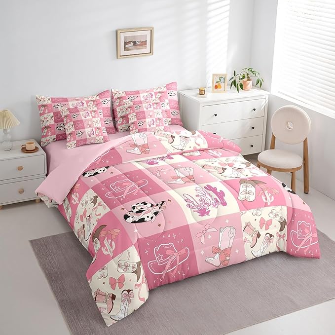 Feelyou Pink Western Decor Comforter Set with Sheets Twin Size Kids West Cowboy Plaid 7 Pieces Bedding Set for Boys Girls Teens Rodeo Cowboy Grid Bed in a Bag Grunge Design Bed Set Cactus
