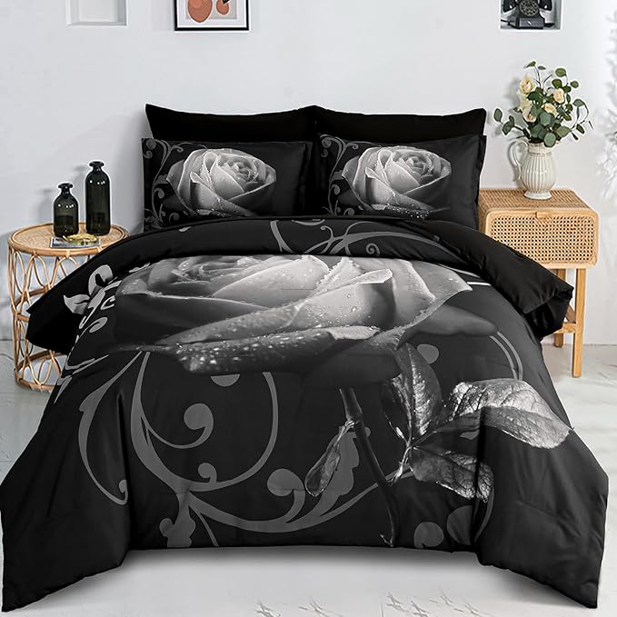 Xruibed Floral Comforter King Black Bed in a Bag Rose 7PCs Comforter Set Soft Micorfiber Bedding Set (1 Comforter,2 Pillow Shams,1 Flat Sheet,1 Fitted Sheet,2 Pillowcases)