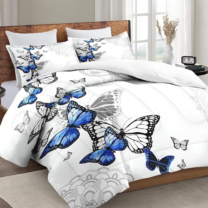 Twin Size Comforter Set with Pillowcase, Summer Spring Blue Butterfly 2 Pcs Bedding for Kids and Adults, Abstract Circular Mandala Floral Soft Comforter Set for Bedroom Bed Decor