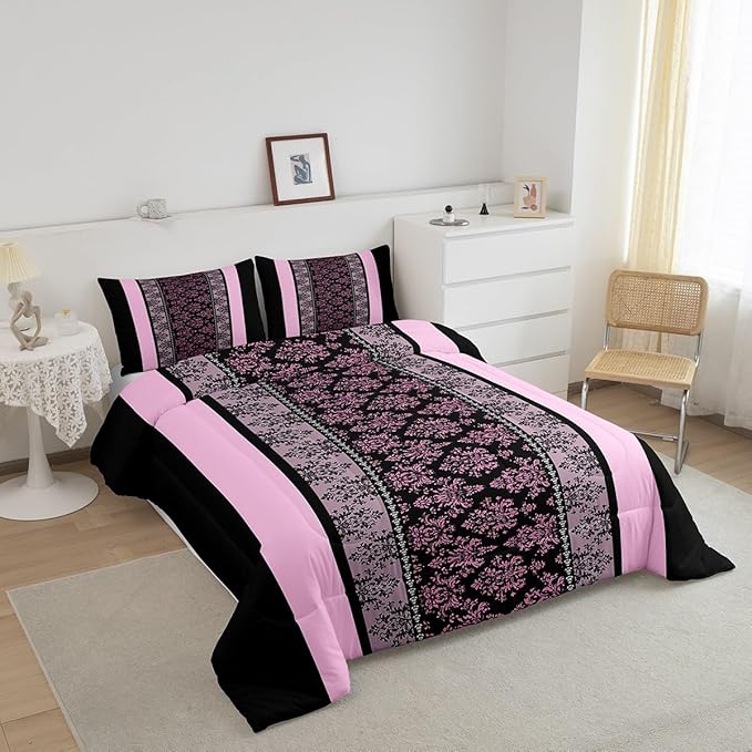 jejeloiu Adult Classic Jacquard Bedding Set Full Size Damask Pattern Comforter Set for Boys Girls Black Pink Stripe Duvet Set Baroque Quilt Set 3Pcs