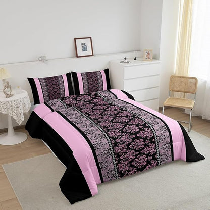 jejeloiu Adult Classic Jacquard Bedding Set Queen Size Damask Pattern Comforter Set for Boys Girls Black Pink Stripe Duvet Set Baroque Quilt Set 3Pcs