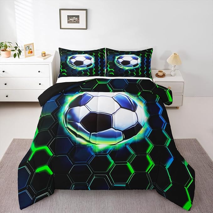 Football Kids Bedding Set King Size,Soccer Game Ball Sports Comforter Set，Geometric Honeycomb Hexagon Quilt Comforter,Black Green Bedroom Duvet Insert,2 Pillowcases