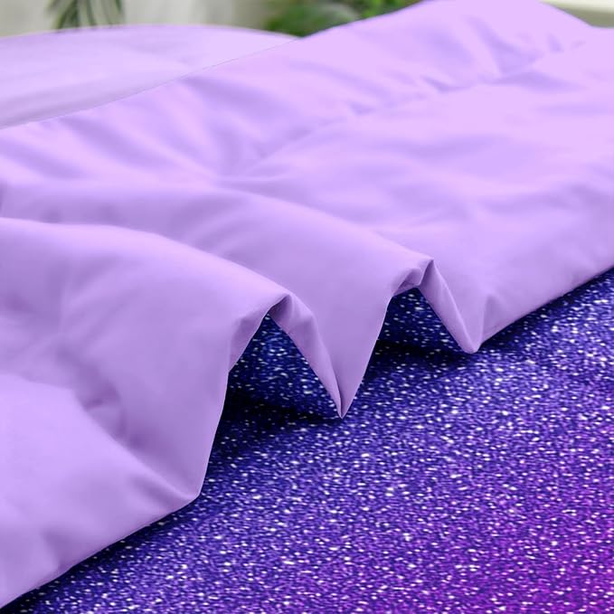 Comforter Set Twin Size, Colorful Girls Ombre Purple Glitter 5 Pcs Bedding for Kids and Adults, Neon Blue Teal Bed Sheet Sets with Fitted Sheet Pillowcase & Sham for Bedroom Bed Decor