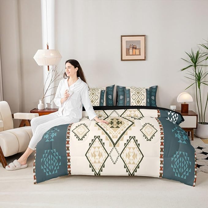 Erosebridal Rustic Southwestern 7 Piece Bedding Set Full Western Aztec Comforter Set Exotic Tribal Geometric Aesthetic Bed in A Bag Bohemian Ethnic Native Quilt with Flat Fitted Sheet Cabin Decor