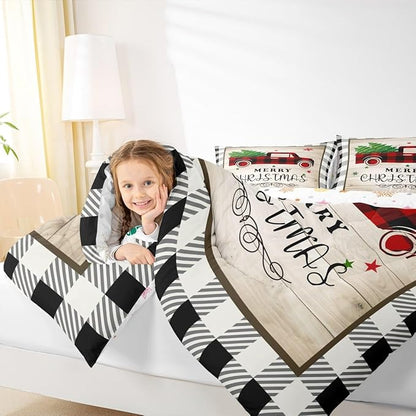 Xmas Truck Bedding Set Twin Size,Black White Geometric Grid Comforter 2pcs for Kids Teens Adults Room Decor,Brown Rustic Farmhouse Quilt Happy New Year Duvet Insert,1 Pillowcase