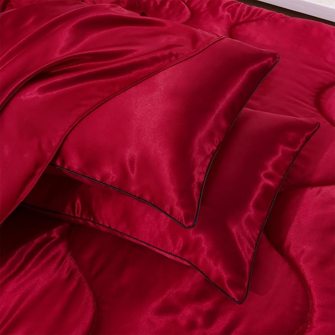 A Nice Night Satin Silky Soft Quilt Luxury Super Soft Microfiber Bedding Comforter Set Full/Queen, Light Weighted (Red, Queen)