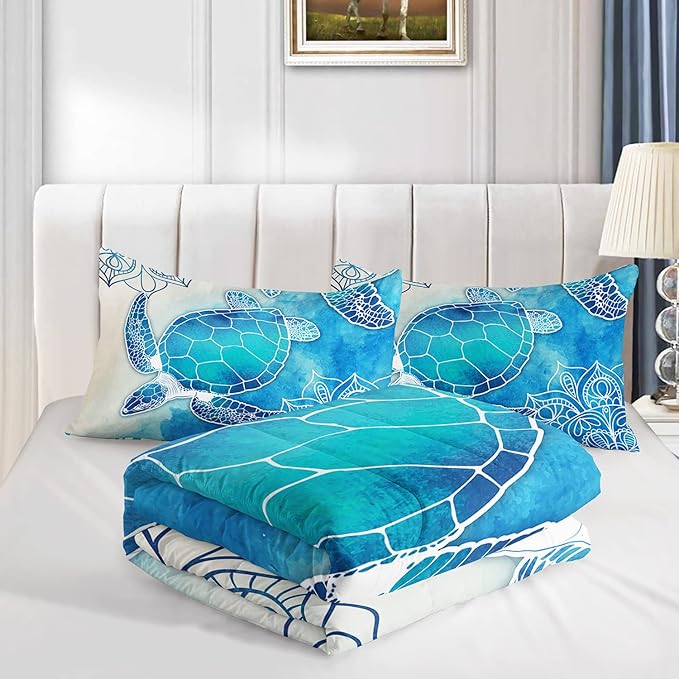 HOSIMA Sea Turtle Comforter Set,Coastal Beach Themed Bedroom Comforter Set Queen Size for Kids Teen Girls Boys Room Decor,Turtle Twin Bed in a Bag for Girls with 2 Pillowcases.