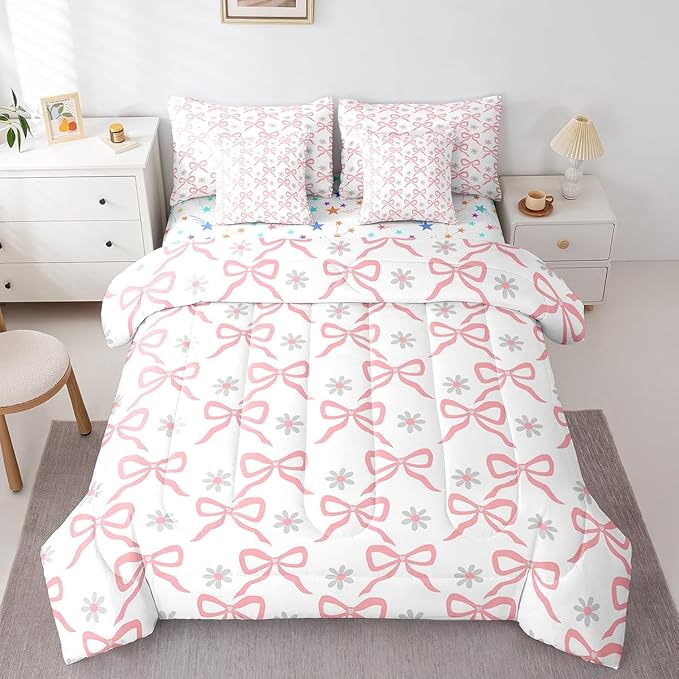 Feelyou Pink Bow Comforter Set with Sheets Twin Size Kids Bowknot Floral Flower 7 Pieces Bedding Set for Boys Girls Teens Gift for Girls Women Bed in a Bag Breathable Princess Décor Bed Set