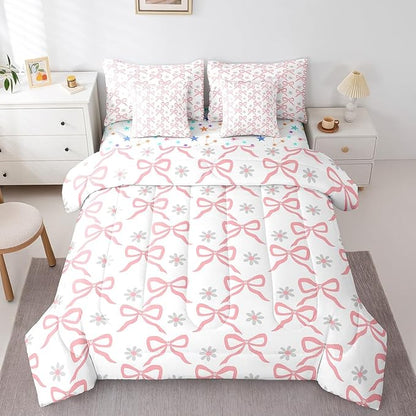 Feelyou Pink Bow Comforter Set with Sheets Twin Size Kids Bowknot Floral Flower 7 Pieces Bedding Set for Boys Girls Teens Gift for Girls Women Bed in a Bag Breathable Princess Décor Bed Set