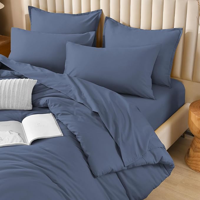 Litanika Queen Comforter Set Bluish Grey - 7 Pieces Bed in a Bag Queen Bedding Comforter Sets, Solid Lightweight Bed Set with Comforter, Sheets, Pillowcases & Shams