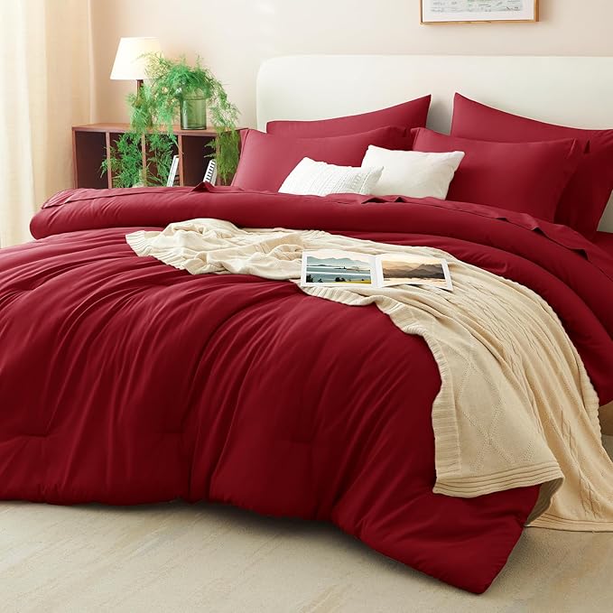 CozyLux King Size Comforter Set Dark Red, 7 Pieces Bed in a Bag King Comforter Set with Sheets, Bedding Set with Down Alternative Comforter, Fitted Sheets, Flat Sheets, Pillow Shams and Pillowcases