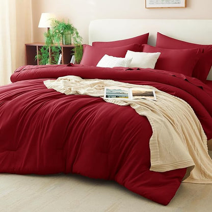 CozyLux King Size Comforter Set Dark Red, 7 Pieces Bed in a Bag King Comforter Set with Sheets, Bedding Set with Down Alternative Comforter, Fitted Sheets, Flat Sheets, Pillow Shams and Pillowcases