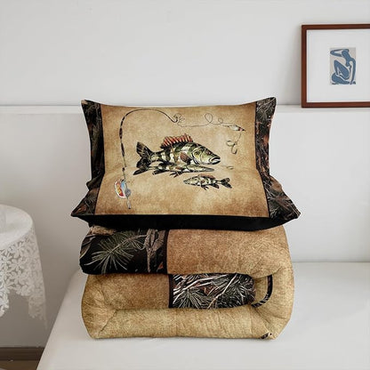 Erosebridal Rustic Bass Fish Comforter Set Twin Country Camo Fishing Bedding Set Woodland Camouflage Lake Fish Fisherman Quilt Comforter for Kids Boys Teen Men Retro Farmhouse Cabin Bed Set 2 Pcs