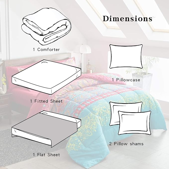 Flysheep Boho Bed in a Bag 6 Pieces Twin Size, Colorful Bohemian Tribal Pink n Blue Floral Reversible Bed Comforter Set (1 Comforter, 1 Flat Sheet, 1 Fitted Sheet, 2 Pillow Shams, 1 Pillowcase)