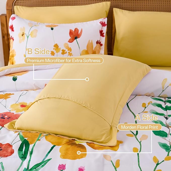 Annibedding Floral Queen Size Comforter Set, 8 Pieces Yellow Flower Botanical Soft Microfiber Bed in a Bag Bedding Set with Pillowcase Sheet for All Season (90"x90")