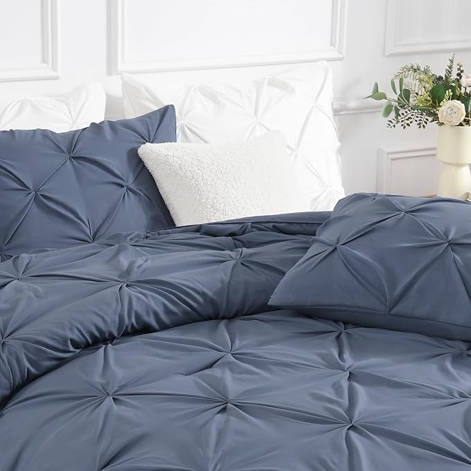 Andency California King Comforter Set Dark Blue Grey (104x96Inch), Pinch Pleat Cal King Comforter Set 3 Pieces, Oversized King Pintuck Bed Comforter, Microfiber Down Alternative Comforter Bedding Set