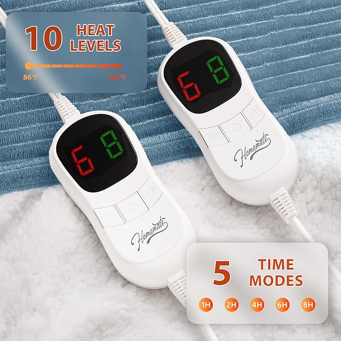 Homemate Electric Heated Blanket King Size - 100"x90" Heating Blanket King Size Dual Control 1/2/4/6/8 Hours Auto-Off 10 Heat Level Over-Heat Protection Soft Flannel Sherpa ETL Certification