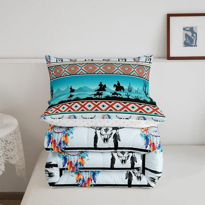 Erosebridal Horse Decor Western Comforter Set Twin,Farm Animals Quilt Indian Tribal Geometric Aztec Bedding Sets,Exotic Dream Catchers Feather Duvet Insert Farmhouse Western Home Decor,Teal
