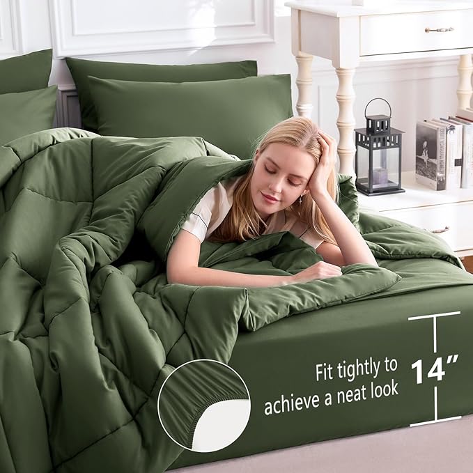 CozyLux King Size Comforter Set Olive Green, 7 Pieces Bed in a Bag, Green Comforter King Size, All Season Bedding Sets with Stitch Quilted Comforter, Flat Sheet, Fitted Sheet, Pillowcases