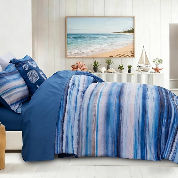 Holawakaka Beach Stripe Bedding Sets 6 Pieces, Blue White Coastal Striped Comforter Set Full Size All Season Geometric Bed Set, Nautical Bed in a Bag with Comforter, Sheets and Shams