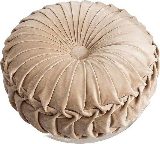 MOCOFO Round Velvet Throw Pillow, Pumpkin Shape Decorative Floor Cushion, Handcrafted Pleated Design, 14 and 16 Inch Diameter, Multiple Colors, Polyester Fill (Camel, 14")