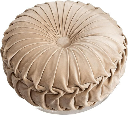 MOCOFO Round Velvet Throw Pillow, Pumpkin Shape Decorative Floor Cushion, Handcrafted Pleated Design, 14 and 16 Inch Diameter, Multiple Colors, Polyester Fill (Camel, 16")