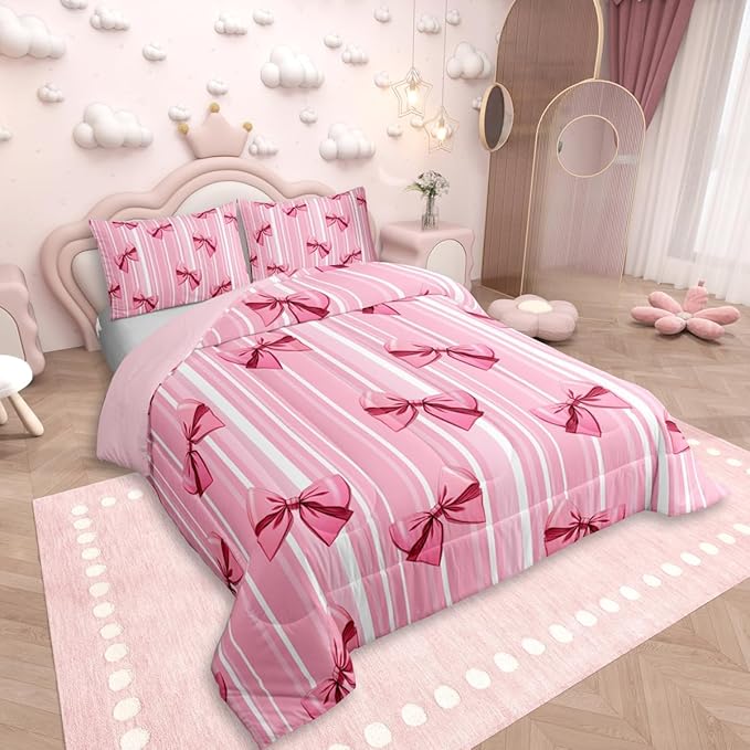 Erosebridal Pink Bowknot Bedding Set for Girls Bedroom, Dreamy Princess Full Size Comforter Set, Cute Bow Girly Down Comforter, Kawaii Stripes Quilt,Lightweight Bedroom Decor