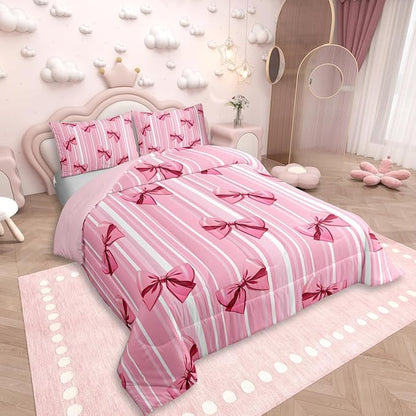 Erosebridal Pink Bowknot Bedding Set for Girls Bedroom, Dreamy Princess Toddler Size Comforter Set, Cute Bow Girly Down Comforter, Kawaii Stripes Quilt,Lightweight Bedroom Decor