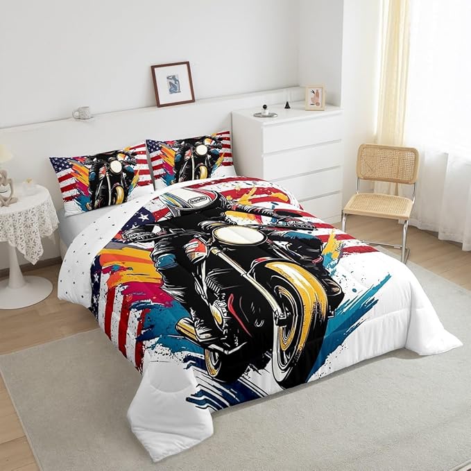 Feelyou Dirt Bike Comforter Set King Size American Flag Comforter Extreme Sports Bedding Set Racing Motocross Rider Duvet Set Room Decor White Quilt Set