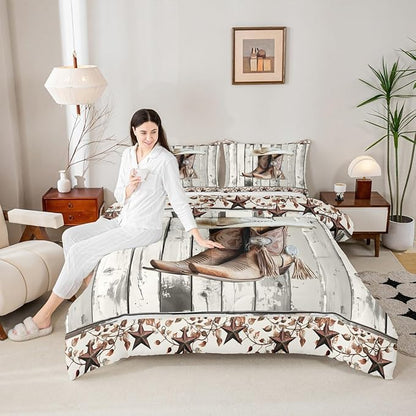 Erosebridal Western Texas Star Comforter Set Twin Size, Rustic Horseshoe Bedding Set Country Wooden Door Quilt for Kids Teens Adult Men Bedroom, Retro Cowboy Farmhouse Bedding Comforter Sets
