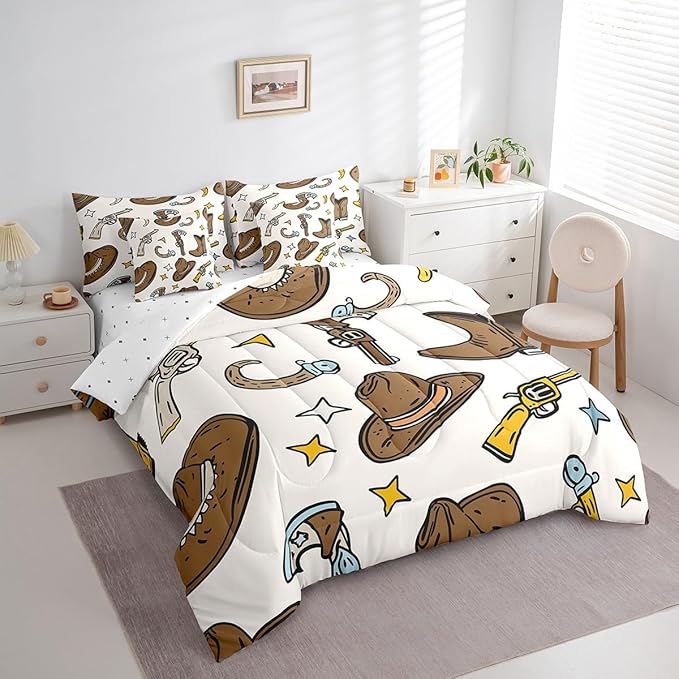 Erosebridal Cowboy Hat Men Comforter Set 7 Piece Bed in a Bag Twin,Cowboy Boots Bedding Sets Hunting Western Decor Sheet Set with Comforter