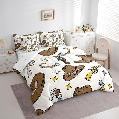 Erosebridal Cowboy Hat Men Comforter Set 7 Piece Bed in a Bag Twin,Cowboy Boots Bedding Sets Hunting Western Decor Sheet Set with Comforter
