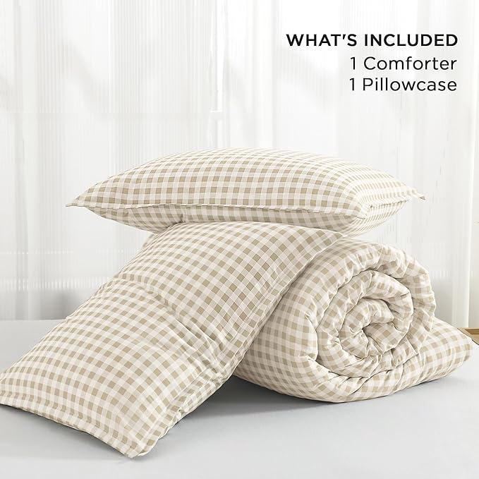 Andency Beige Gingham Comforter Set Twin(66x90Inch), Cream Checkered Grid Plaid Buffalo Bed Set for Girls Boys Kids Teens, 2 Pieces Lightweight Microfiber Geometric Preppy Bedding
