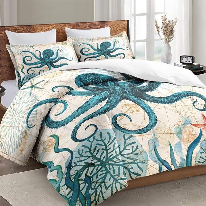 Queen Size Comforter Set with 2 Pillowcases, Sea Coral Octopus 3 Pcs Bedding for Kids and Adults, Beach Summer Ocean Animal Soft Comforter Set for Bedroom Bed Decor