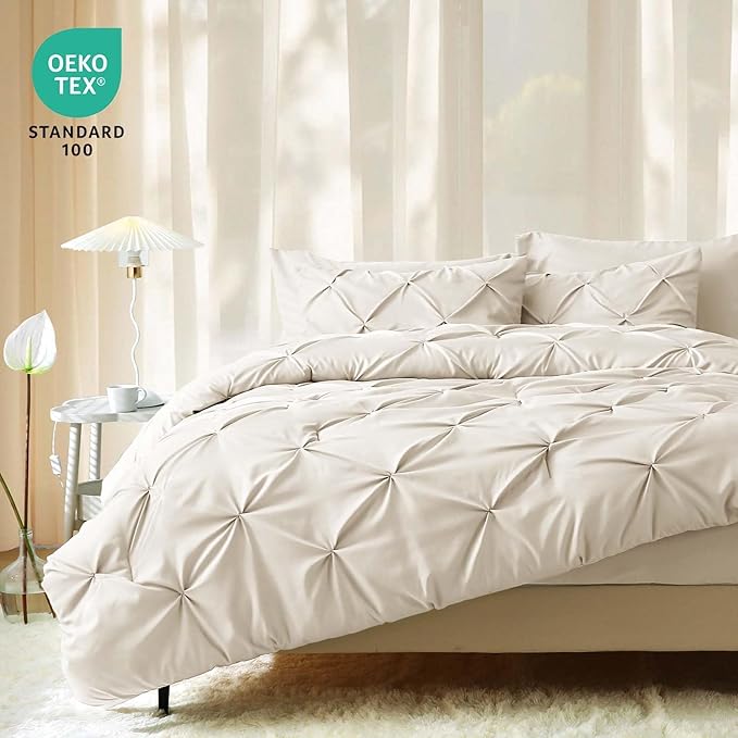 JOLLYVOGUE Queen Comforter Set 7 Pieces - Bed in a Bag Queen for All Season, Pintuck Bedding Comforter Sets with Comforter, Flat Sheet, Fitted Sheet and Pillowcases & Shams, Beige