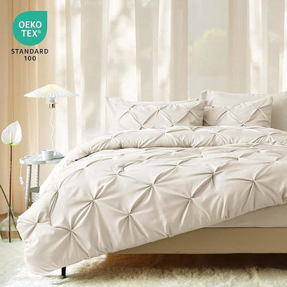 JOLLYVOGUE Queen Comforter Set 7 Pieces - Bed in a Bag Queen for All Season, Pintuck Bedding Comforter Sets with Comforter, Flat Sheet, Fitted Sheet and Pillowcases & Shams, Beige
