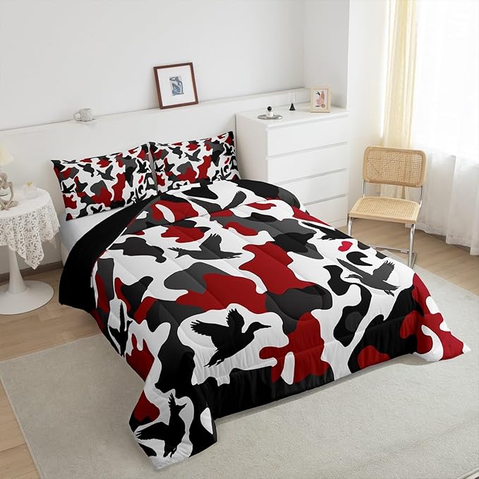 Erosebridal Duck Hunter Comforter Set Twin Size Camo Bedding for Kids Boys Army Camouflage Hunting Bedding Comforter Sets Vintage Red Black Room Decor Wild Animal Duck Rustic Duvet Insert