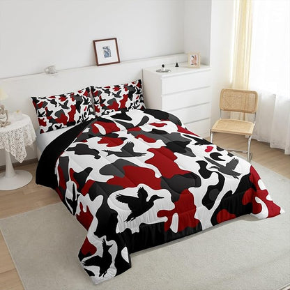 Erosebridal Duck Hunter Comforter Set Twin Size Camo Bedding for Kids Boys Army Camouflage Hunting Bedding Comforter Sets Vintage Red Black Room Decor Wild Animal Duck Rustic Duvet Insert