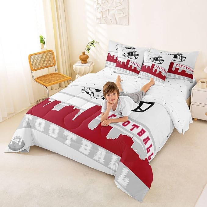 Erosebridal Football 7 Pcs Comforter Set Queen Football City Bedding for Men Boys Red Grey Football Fans Sheet Set Bed in A Bag Rugby Game Room Decor Sports Ball Competition Quilt