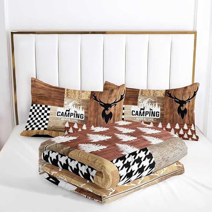 Bear and Deer Comforter Set Twin Size,Camping Camo Wild Animals Hunting Bedding Set for Kids Teens and Adults Soft Microfiber All Season(1 Comforter & 2 Pillowcases)