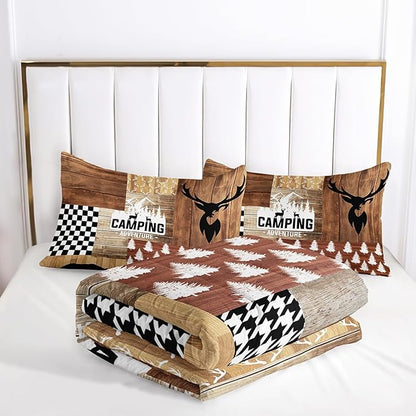 Bear and Deer Comforter Set Full Size,Camping Camo Wild Animals Hunting Bedding Set for Kids Teens and Adults Soft Microfiber All Season(1 Comforter & 2 Pillowcases)