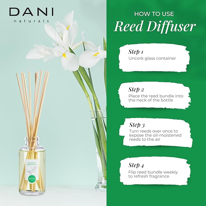 DANI Naturals Reed Diffuser Set -Bamboo Bergamot Scent - Aromatherapy Essential Oils, Alcohol-Free - 10 Sticks, 3.5 oz