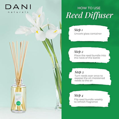 DANI Naturals Reed Diffuser Set -Bamboo Bergamot Scent - Aromatherapy Essential Oils, Alcohol-Free - 10 Sticks, 3.5 oz