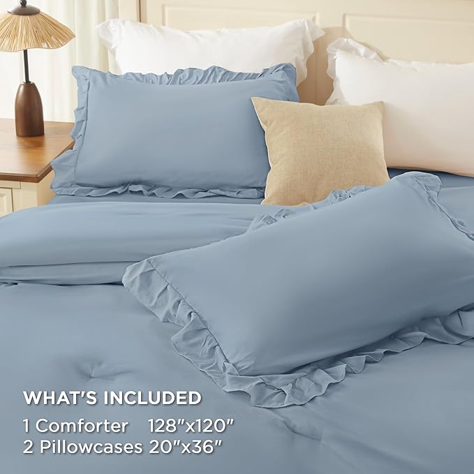 Andency Super King Plus Ruffle Comforter Set, 3 Pieces Shabby Chic Farmhouse Bedding Set, Lightweight Soft Comforter Set 128x120 for Girls Women (1 Comforter 2 Pillowcases), Grayish Blue